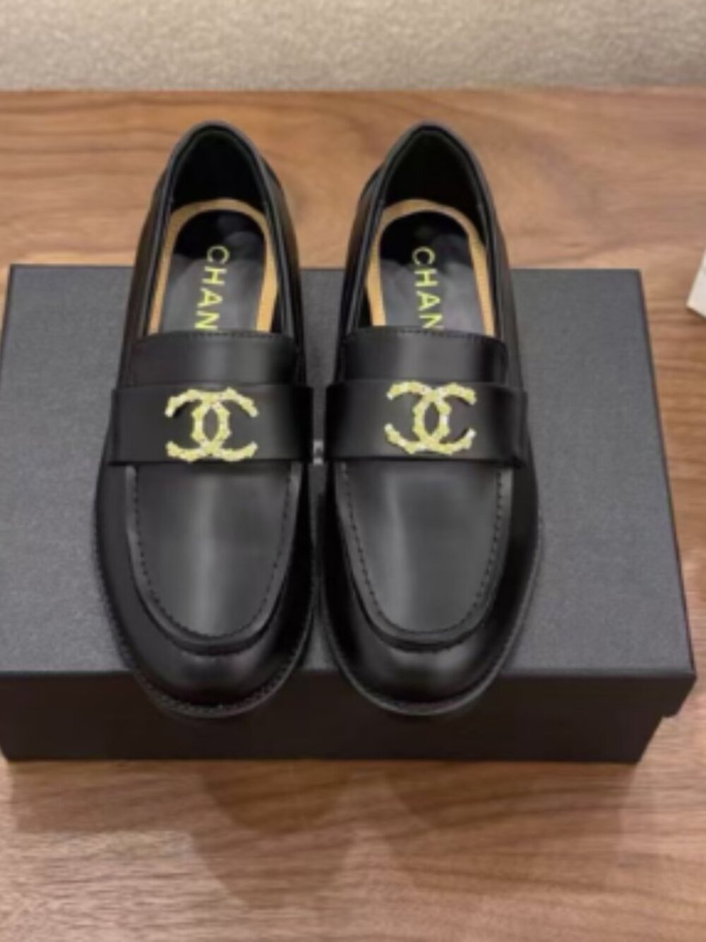 Chanel Black Leather Crystal-Embellished CC Logo Loafers